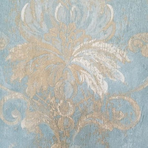 Dusty Aqua Blue Harlequin Damask Wallpaper, Regal Handpainted Floral, Vintage Gold Medallion, 18th Century Victorian 12x9 Sample CH28248so image 2