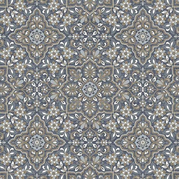 Rustic Farmhouse Wallpaper, Geometric Floral Spanish Art, Eclectic Bohemian Blue Tile, Boho Bathroom Mosaic Mural - 12"x9" Sample FH37542so