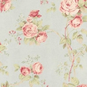 Shabby Chic Vintage Floral Wallpaper - Pale Blue Country Cottage, Cabbage Rose Girl Nursery, Antique French Victorian -By The Yard CG28815so