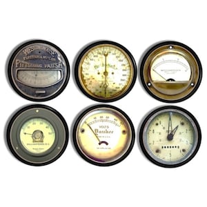 May include: Six vintage analogue gauges with black bezels and white faces. The gauges measure milliamperes, volts, and other units. The gauges have a steampunk aesthetic.