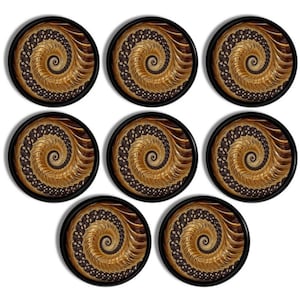 May include: Seven round coasters with a spiral design. The coasters have a black border, and the spiral pattern features shades of gold and brown. The design is intricate and detailed, creating a visually appealing aesthetic.