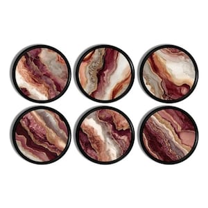 May include: Six round coasters with a black border. The coasters feature a marbled design in shades of burgundy, beige, and white. The coasters are arranged in two rows of three.
