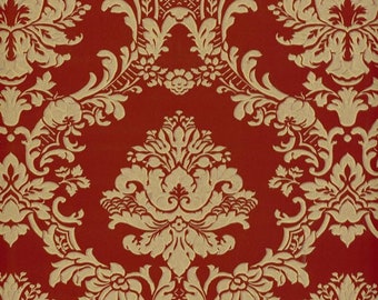 Traditionele gouden damask op helder rood behang, gedurfde vintage brandpuntswand, elegante florale scroll Victoriaanse trellis - 12"x9" Sample MD29434so