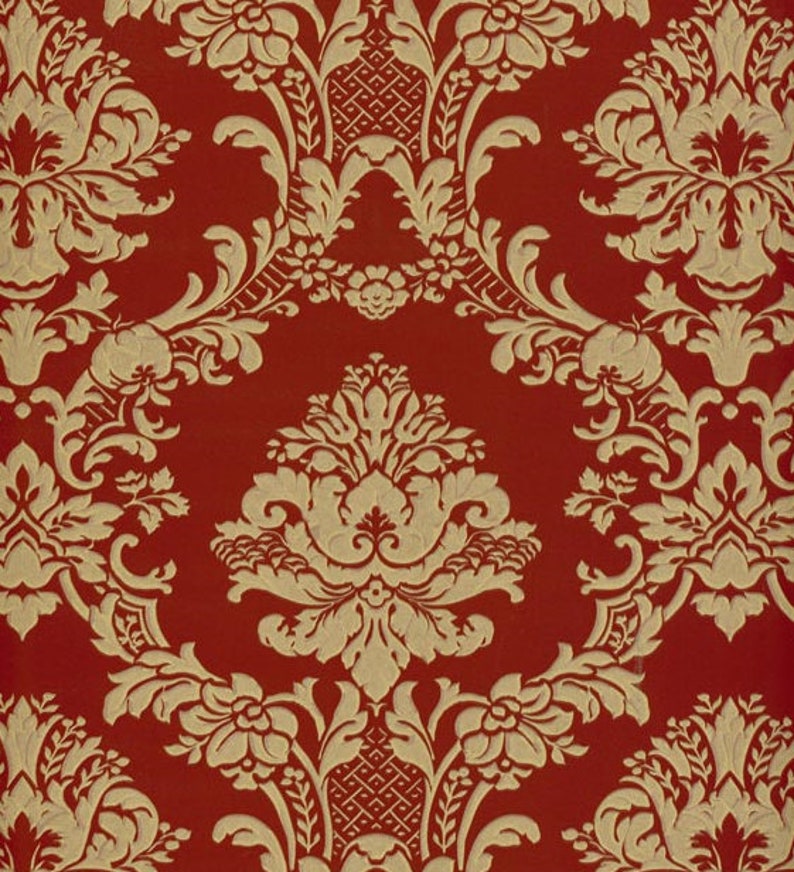 Traditionele gouden damask op helder rood behang, gedurfde vintage brandpuntswand, elegante florale scroll Victoriaanse trellis 12x9 Sample MD29434so afbeelding 1