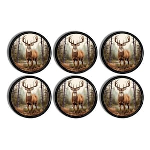 Rustic Stag Forest Scene Cabinet Knobs, Deer with Antlers Dresser Drawer Pulls, Woodland Cabin Kitchen, Wildlife Handle Hardware 425A1 .