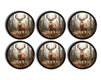 Rustic Stag Forest Scene Cabinet Knobs, Deer with Antlers Dresser Drawer Pulls, Woodland Cabin Kitchen, Wildlife Handle Hardware 425A1 .