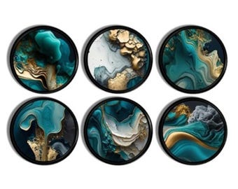 Fluid Teal Blue Gold Marble Cabinet Knobs – Unique Organic Swirl Earth Designs, Artistic Furniture Drawer Pulls for Curated Interiors 425A2.