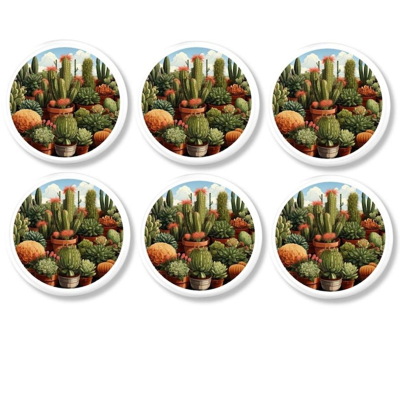 May include: Six white, round coasters featuring a detailed illustration of a variety of cacti and succulents in terracotta pots. The design includes green, orange, and brown plants under a blue sky with clouds. The coasters are ideal for protecting surfaces.