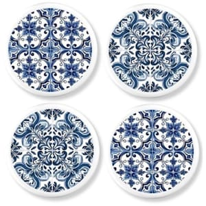 Portuguese Tile Art Kitchen Cabinet Knobs, Blue White Mediterranean Coastal Drawer Pulls, Unique Moroccan Talavera Hardware 624A15 #2 .