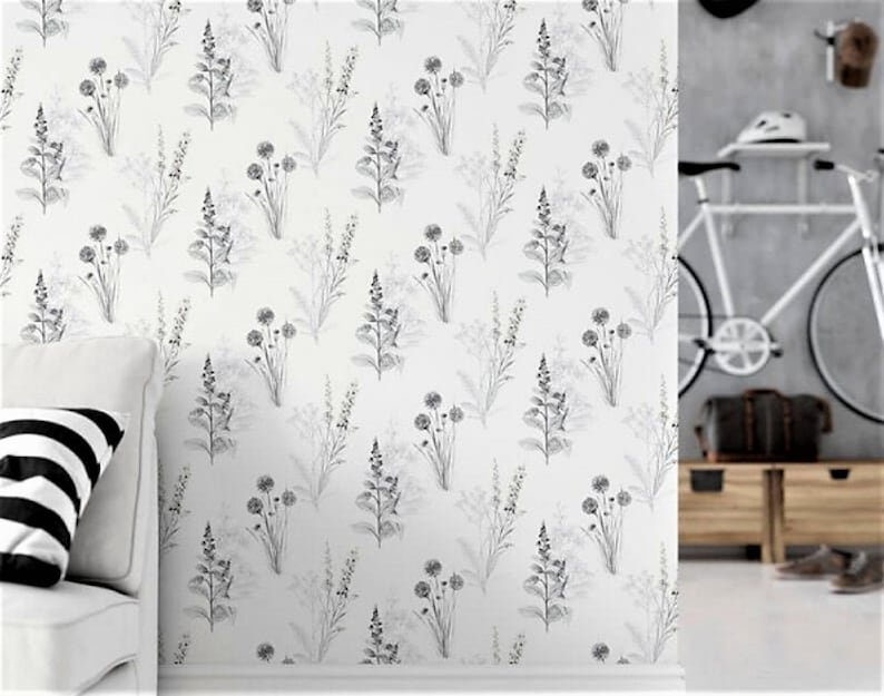 Black White Contemporary Botanical Toile Wallpaper Modern Etsy