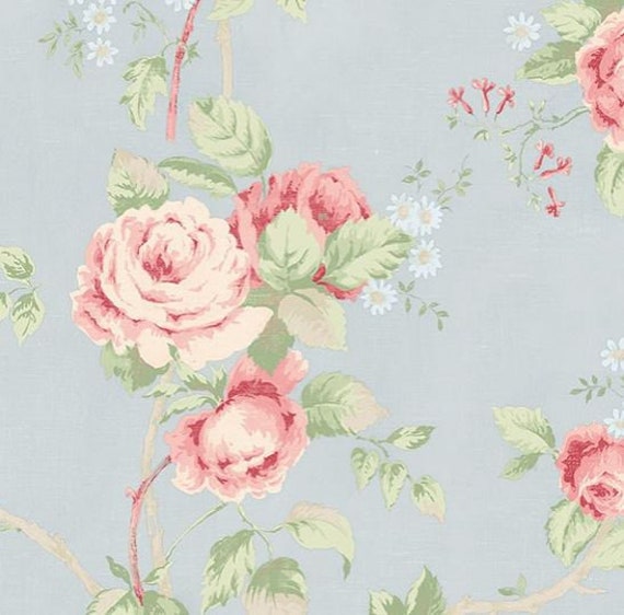 Buy Soft Faded Cabbage Rose Wallpaper Pale Blue Shabby Garden Online in  India  Etsy