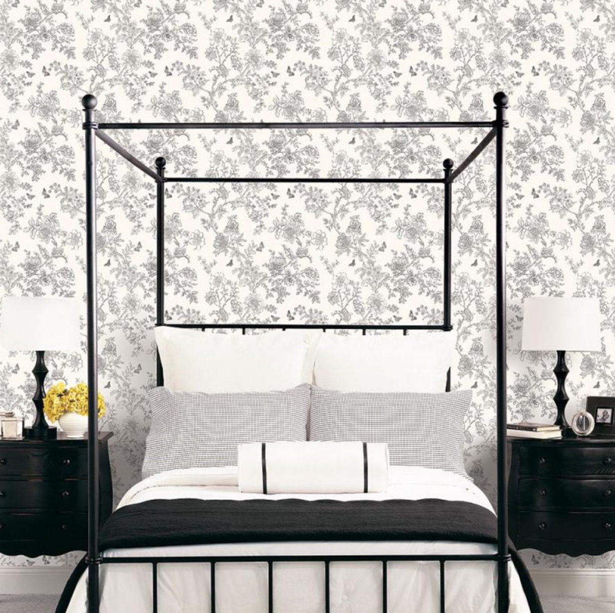 Modern Farmhouse Wallpaper Black White Hand Drawn Floral Etsy