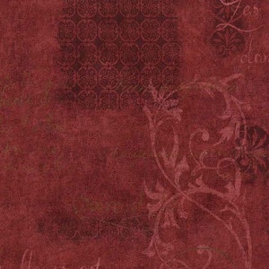 Burgundy Wine Distressed Wallpaper – French Script Parisian Décor, Leaf Scroll Faux Weathered Plaster Texture Wall - By The Yard EX2929fl