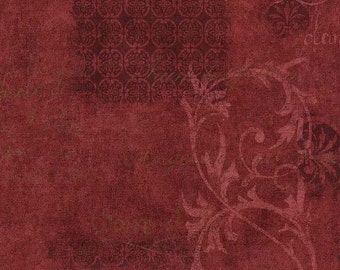 Burgundy Wine Distressed Wallpaper – French Script Parisian Décor, Leaf Scroll Faux Weathered Plaster Texture Wall - By The Yard EX2929fl