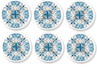 Portuguese Azulejos Tile Art Cabinet Knobs • Blue Talavera with Terracotta accent • Abstract Southwestern Drawer Pull Handles • 624A23 .