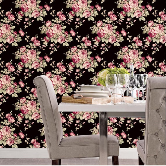 Elegant Pink Plum Floral Black Wallpaper Shabby Romantic - Etsy Elegant Pink Plum Floral Black Wallpaper Shabby Romantic - Etsy