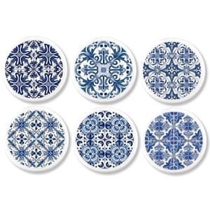 Blue White Portuguese Tile Print Wood Cabinet Knobs, Spanish Azulejos Style Handle, Southwestern Talavera Decor Drawer Pull Hardware 624A15.
