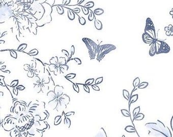 Butterfly Garden Floral Toile Wallpaper - Donkerblauwe Grillige Boho Kwekerij, Moderne Boerderij Cottage Botanische Vine 12"x9" Sample FH37539so