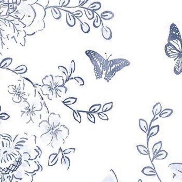Butterfly Garden Floral Toile Wallpaper - Dark Blue Whimsical Boho Nursery, Modern Farmhouse Cottage Botanical Vine 12"x9" Sample FH37539so