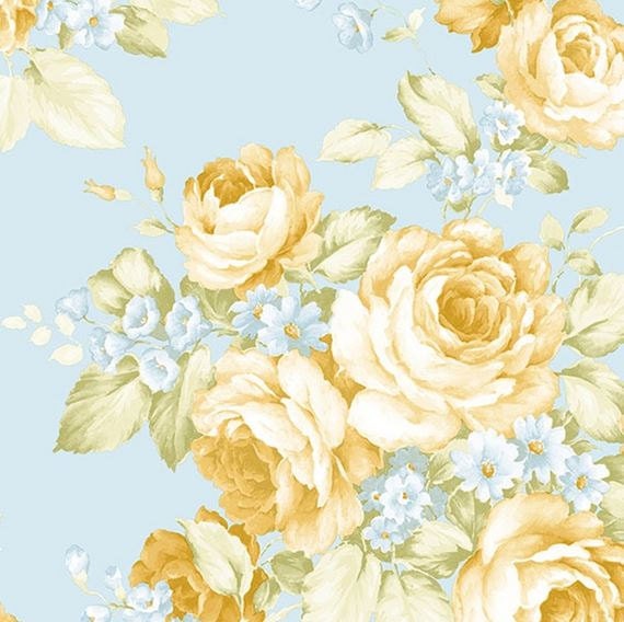 Pale Blue Yellow Cabbage Rose Wallpaper Shabby Chic Vintage Etsy