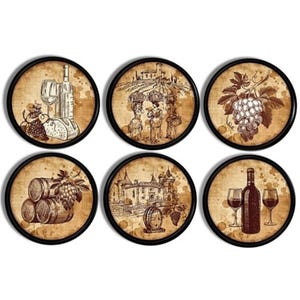 May include: Set of six round coasters with a black border and a vintage design featuring wine-related imagery. The coasters depict grapes, wine bottles, wine glasses, barrels, and a vineyard landscape.