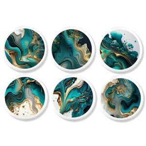May include: Six round coasters with a white border. Each coaster features a unique abstract design in shades of teal, gold, and gray, resembling marble. The coasters are arranged in two rows of three.