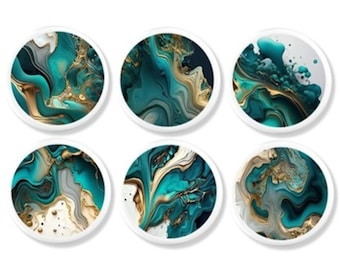 Teal, Gray Gold Marble Swirl Cabinet Knobs • Artistic Drawer Pulls • Modern Boho Cabinet Hardware for Dresser • Bathroom Vanity • 425A2 WH .