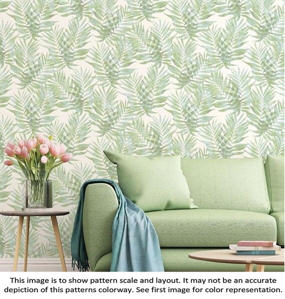 Turquoise Watercolor Fern Leaf Wallpaper Breezy Tropical Etsy