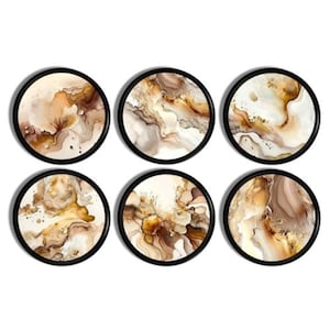 Brown Fluid Art Cabinet Knobs – Caramel & Cream Marbled Swirl Stone Look Drawer Pulls, Earthy Luxe Neutral Decor, Set of 4 or 6 - 226B19 .
