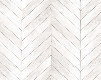 Weathered White Shiplap Wallpaper – Distressed Faux Chevron, Rustic Reclaimed Wood Plank, Light Scandinavian Nursery -12"x9" Sample G68000so