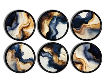 Navy Blue Fluid Art Cabinet Knobs – Sand & Caramel Marbled Swirl Geode Print Drawer Pulls, Coastal Luxe Stone Look, Set of 4 or 6 - 226B13 .