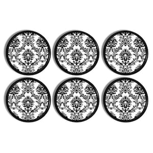 Black Damask Cabinet Knobs – Ornate White & Black Drawer Pulls, Monochrome Accent for Elegant Vintage Floral Decor (Set of 4 or 6) 914A16 .