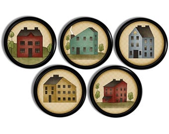 Saltbox House Cabinet Door Knobs • Decorative Primitive Furniture Drawer Pulls • Rustic Country Hardware • Prim Americana Folk Art • 417i33.