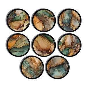 May include: A set of seven round coasters with a black border. Each coaster has an abstract design in shades of brown, green, and blue, like a watercolour painting. The coasters are arranged in a circular pattern.