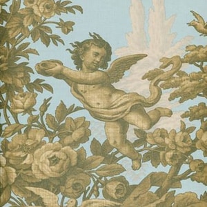 Traditional Cherub Floral Blue Toile Wallpaper Vintage Victorian Angel