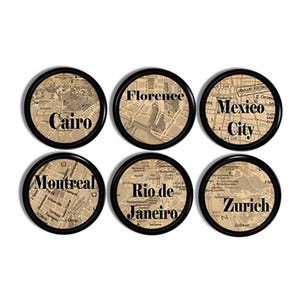 Vintage World Map Cabinet Knobs • Global City Typography Drawer Pulls • Sepia Cartography Décor • Travel Home Office • Set of 6 • 815Y37.