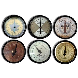 May include: Six vintage circular gauges with black frames. The gauges have diverse designs, including a star, a family scale, and a weight scale. The faces show numbers and markings in various styles and colours, with a rustic aesthetic.