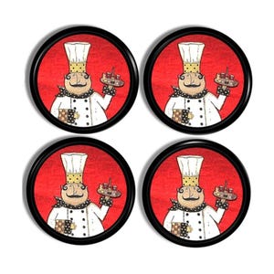Italian Chef Kitchen Cabinet Knobs – Retro Red Cook & Baker Drawer Pulls, Whimsical Restaurant Style Pantry Hardware, Set of 4 or 6 215B25 .
