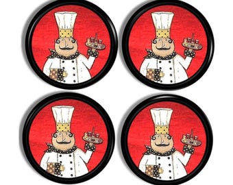 Italian Chef Kitchen Cabinet Knobs – Retro Red Cook & Baker Drawer Pulls, Whimsical Restaurant Style Pantry Hardware, Set of 4 or 6 215B25 .