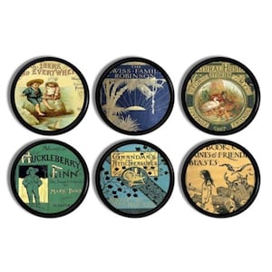May include: Six round coasters with black frames and vintage book covers. The covers feature illustrations and text, including "The Swiss Family Robinson", "Adventures of Huckleberry Finn", "Grandma's Attic Treasures", "Book of  Animals & Friends Beasts", "Natural History for Stories My Juvenile Friends", and "And There Everywhere".
