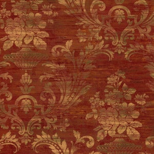 Red Distressed Victorian Damask Wallpaper, Gold Floral Scroll, Weathered Antique Metallic, Regal Vintage Texture Look -12x9" Sample SM30383f