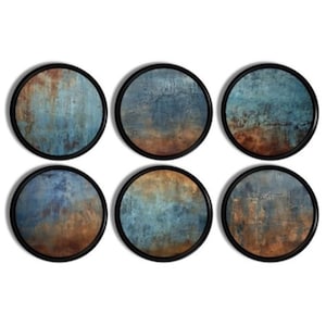 May include: Set of six round wall mirrors with black frames. Each mirror has a unique blue and brown abstract design.