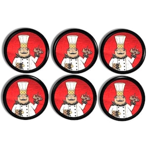 May include: Set of six round black and white coasters with a red background. Each coaster features a cartoon chef wearing a white chef hat and holding a tray of food. The chef has a moustache and a black and white polka dot shirt.