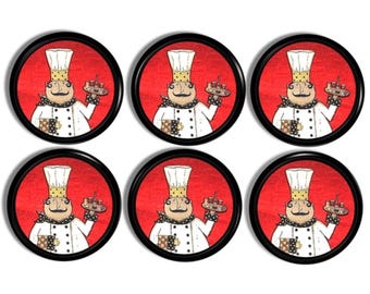 Red Chef Cabinet Knobs • Fat Cook Décor, French Bistro Drawer Pull • Italian Café Kitchen • Decorative Cupboard Door Hardware • 215B25 R2 .