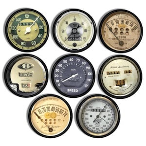 May include: Seven vintage round analog gauges with black bezels and white faces. The gauges have different measurements, including kilometers per hour, miles per hour, and revolutions per minute. Some gauges have additional text, such as "Jones Speedometer" and "Electric Speedometer".