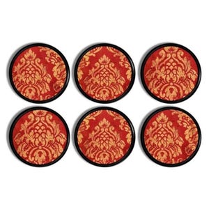 May include: Six circular coasters featuring a red and gold damask design, each with a black edge. The coasters are displayed in two rows of three, offering a traditional aesthetic for interior decoration.
