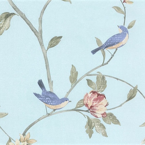 Song Bird Floral Weathered Chinoiserie Toile Wallpaper - Shabby Chic Botanical Garden, Flowering Tree Branch Vine - By The Yard HM26329so