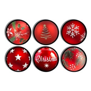 May include: A set of six circular red ornaments with black rims. Designs include a poinsettia with holly, a gold glitter Christmas tree, a white snowflake, white stars, the word Christmas in white script with a star, and green pine needles.
