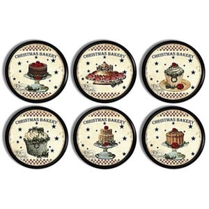 May include: Six round coasters with a black border and a white background. Each coaster features a different Christmas-themed bakery item, such as a cake, cupcake, and a pie. The text "Christmas Bakery" is printed on each coaster.