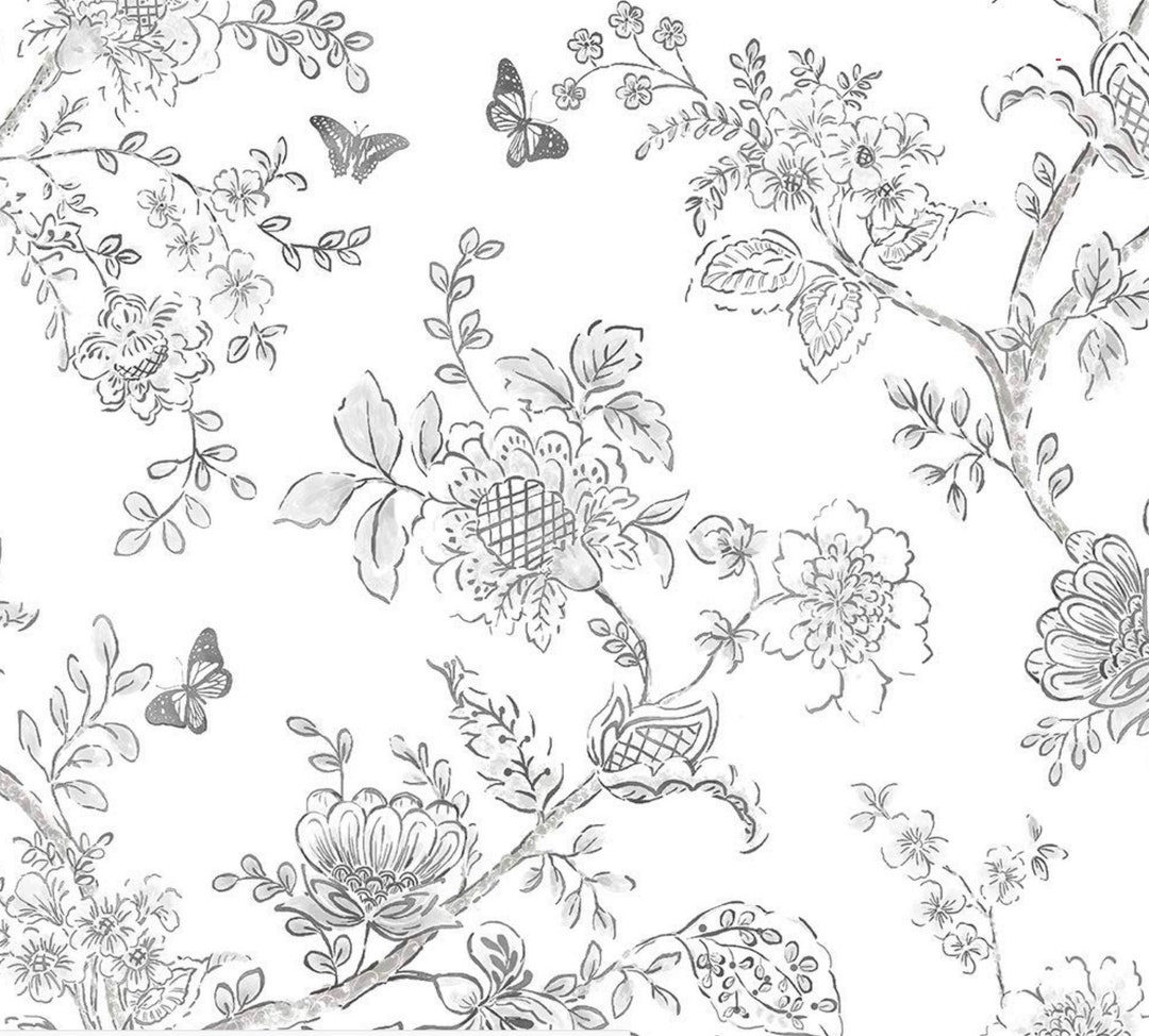 Black White Trailing Floral Toile Wallpaper, Shabby Chic Country